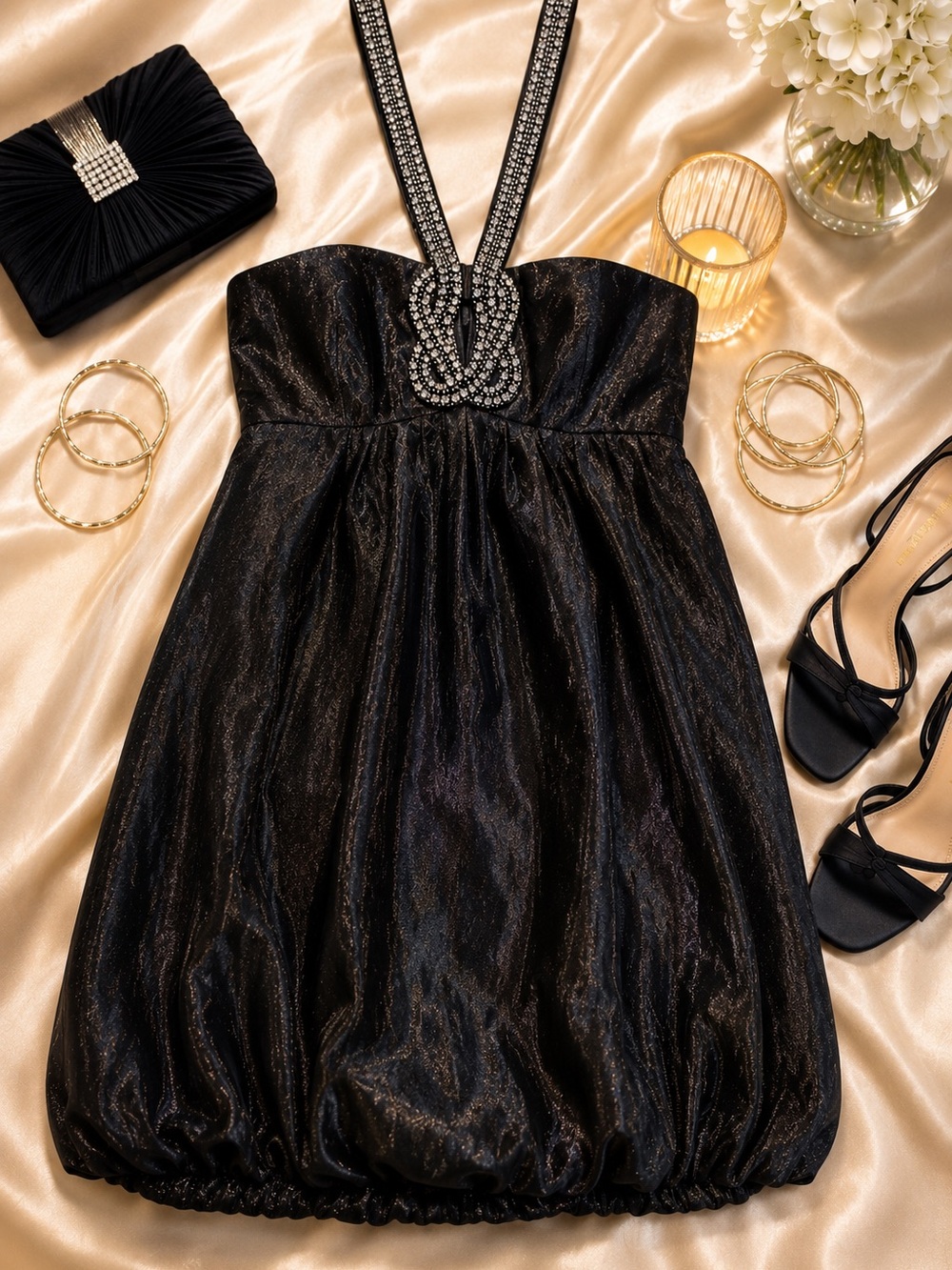 Laundry by Shelli Segal Black Rhinestone Halter Bubble Mini Dress 8